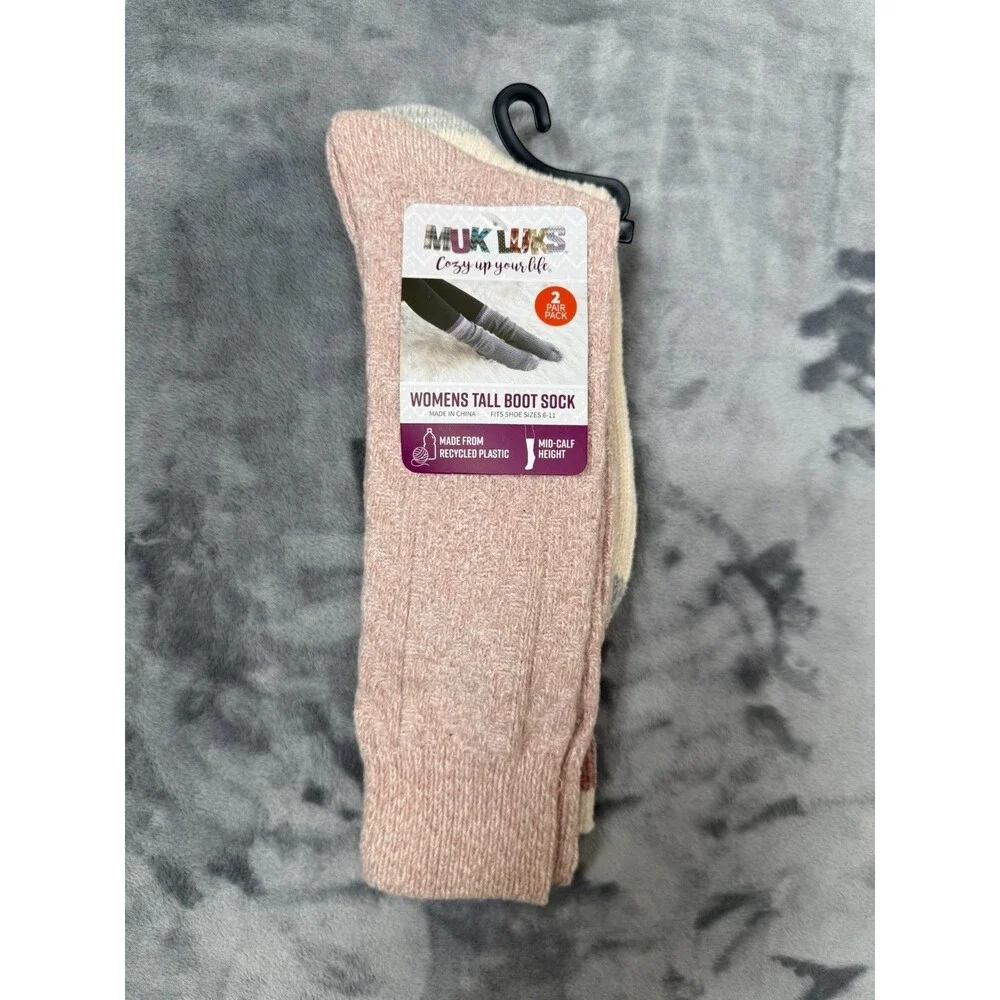 Muk Luks Women’s 2 Pair Pack Tall Boot Socks Mid-Calf Height size 6-11 Vanila